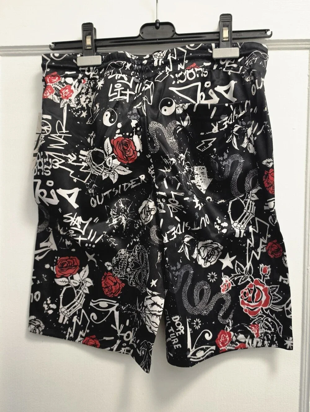 Black Graffiti Rose Print Shorts with Drawstring